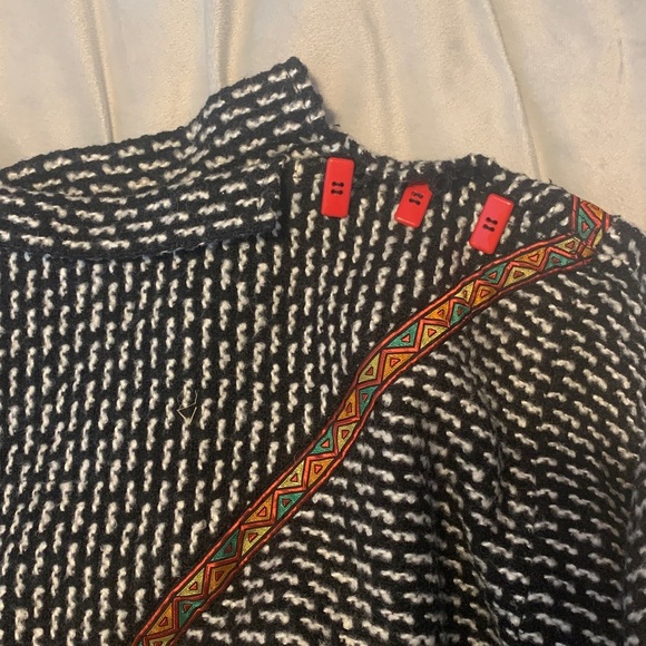 Black White chunky knit vintage Patterned Sweater Red buttons high neck size S - Picture 3 of 5